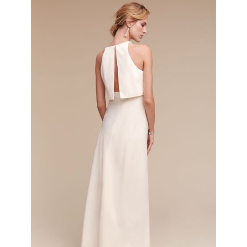 BHLDN maxi backless, high-neck gown.